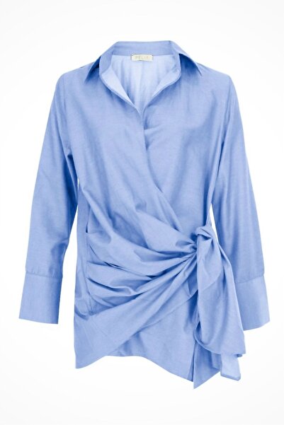 PELIA Marley Oxford Mavi Pamuk Keten Gömlek Elbise