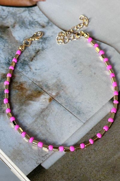 Trendy Butik Pink Beaded Gold Stick Anklet