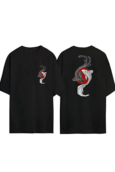 THEWERT تي شيرت قطني أسود مطبوع بتصميم سمكة للجنسين مقاس كبير