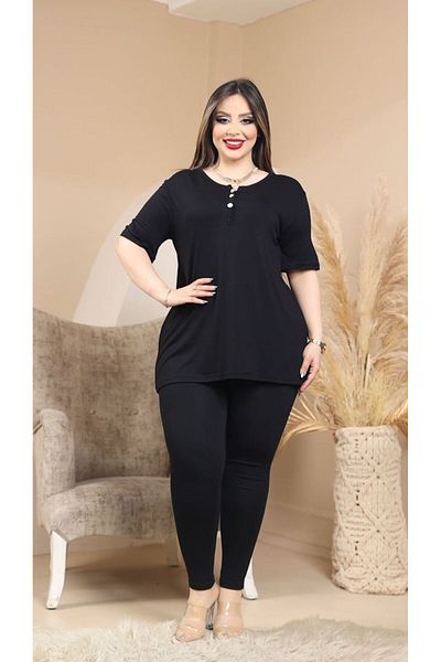 HÜLYA BUTİK Plus Size Black 3 Pearl Button Short Sleeve Blouse