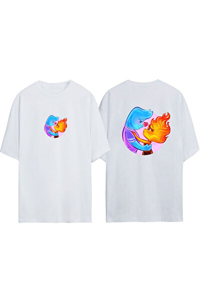 THEWERT Unisex Ates Ve Su Love Tasarım Baskılı Pamuk Beyaz Oversize T-shirt