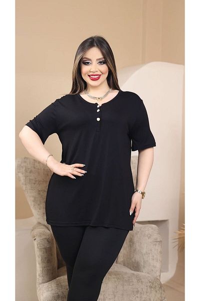 HÜLYA BUTİK Plus Size Black 3 Pearl Button Short Sleeve Blouse