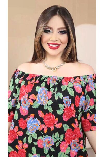 HÜLYA BUTİK KADIN BÜYÜK BEDEN ÇİCEK DESENLİ BÜRÜMCÜK KUMAŞ MADONNA YAKA BLUZ
