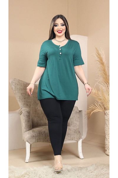 HÜLYA BUTİK Plus Size Zürüüt 3 Pearl Button Short Sleeve Blouse