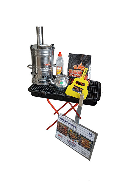 NİGHT CAMPER Büyük Katlanır Ayaklı Emaye Mangal Semaver Seti