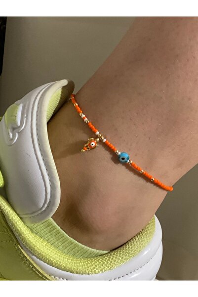 azra takı tasarım Orange Evil Eye Beaded Turtle Figured Women's Anklet