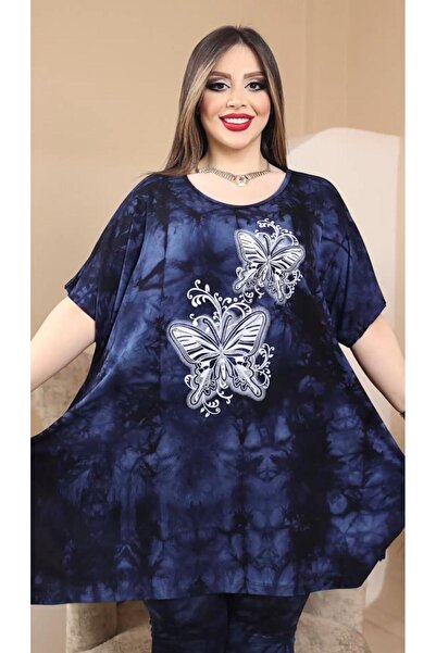 HÜLYA BUTİK Plus Size Women's - Butterfly Patterned Tie-Dye Bottom-Top Set