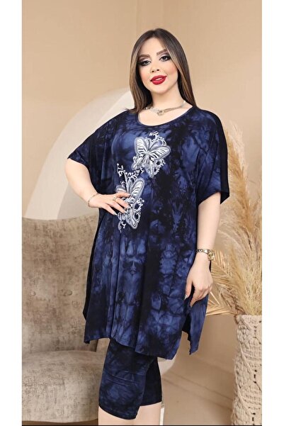 HÜLYA BUTİK Plus Size Women's - Butterfly Patterned Tie-Dye Bottom-Top Set