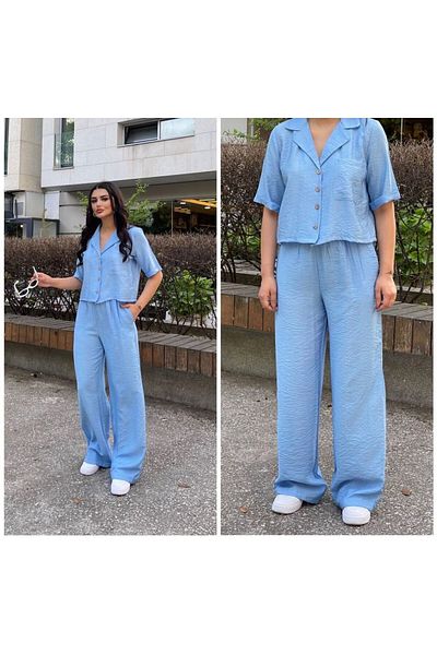AFA Baby Blue Linen Γυναικείο Παντελόνι - 100% Βαμβάκι, Λαστιχένια Μέση, Loose Fit