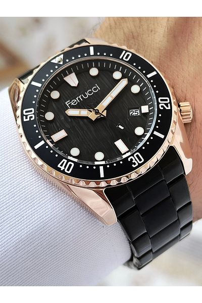 Ferrucci Men's Wristwatch - with Calendar, Black Color, Waterproof Steel Cord