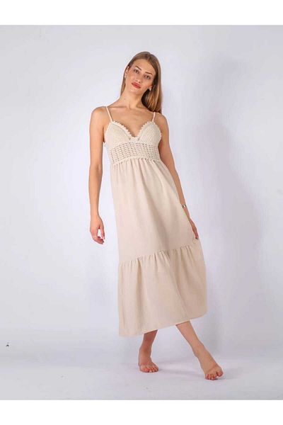 pier moda Rochie Detaliată Broderie Cu Bretele Subțiri Culoare Bej