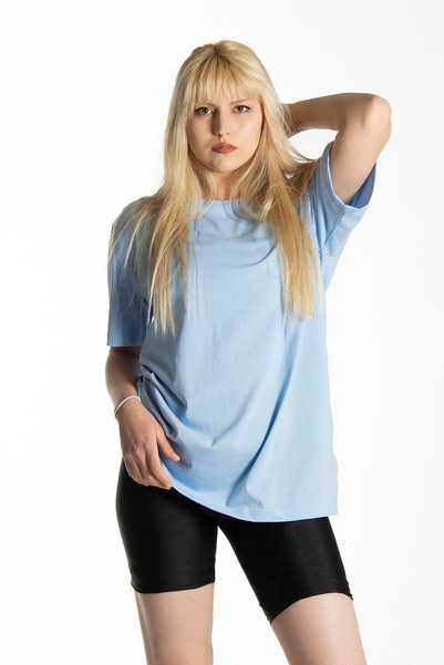 special Γυναικείο γαλάζιο Basic Crew Neck Oversize βαμβακερό μπλουζάκι