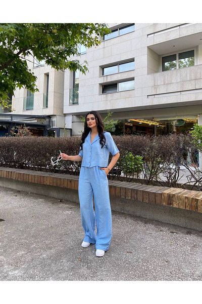 AFA Baby Blue Linen Γυναικείο Παντελόνι - 100% Βαμβάκι, Λαστιχένια Μέση, Loose Fit