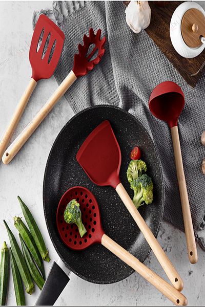 Alacarte 6 Piece Silicone Cooking Set - Wooden Handle, Heat Resistant Organizer Box