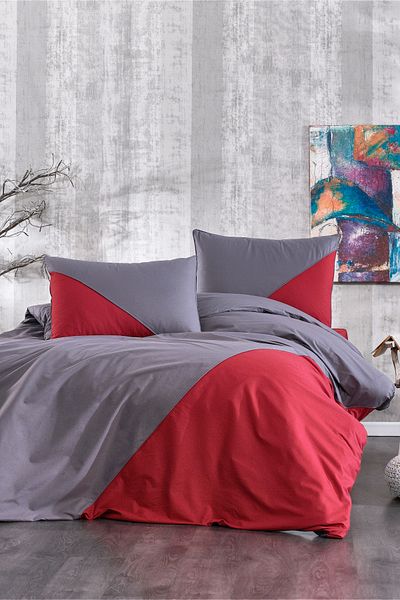 Minelya Home Collection Double Colored 100% Cotton Triangle Design Duvet Cover and Keops - Elastic Double Set