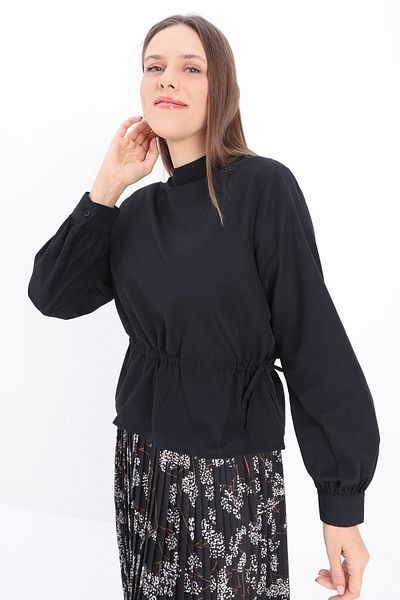ALLDAY Black Cotton Blouse with Tie Detail