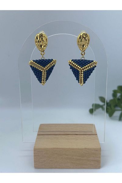 Baykuşca Dark and Gold Miyuki Earrings - Handmade Marine Triangle Design