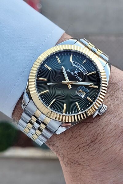 Daniel Klein Kadranı Yeşil Altın Metalik Renk 2 Yıl Garantili Takvim ve Gün F...