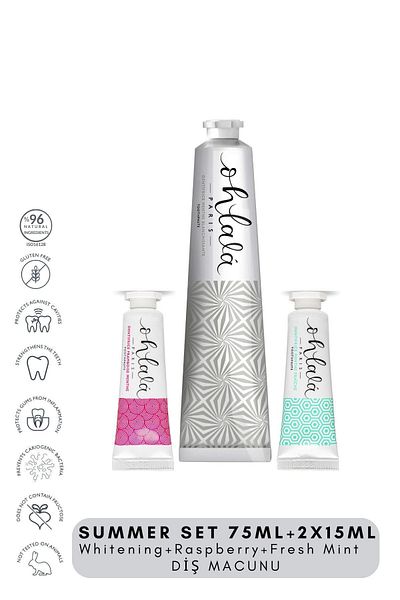 OHLALA Whitening 75 ml + Fresh Mint 15 ml + Raspberry mint 15 ml Summer Set Toothpaste