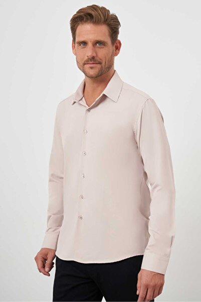 Morven Ανδρικό πουκάμισο σε μπεζ χρώμα, βασικό, με απλό σχέδιο, στερεό γιακά ...