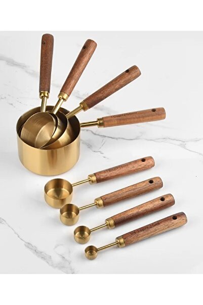 EZERE Gold Measuring Spoon Set 8 Pieces Measuring Cup with Wooden Handle