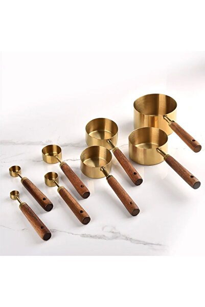 EZERE Gold Measuring Spoon Set 8 Pieces Measuring Cup with Wooden Handle