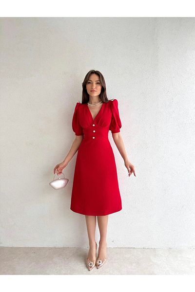 Afiş Butik Rochie midi cu jumătate de mânecă detaliată cu nasturi perle roșii