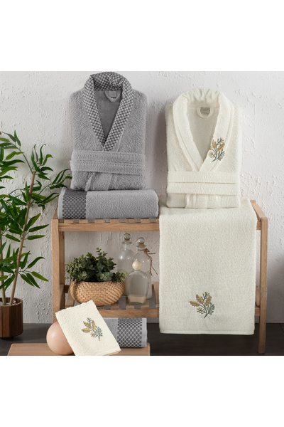 Schafer Charm Nakışlı Banyo Seti 6 Parça-Ekru/Gri