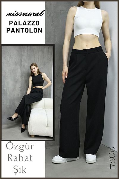 missmaral Women's Black Palazzo Trousers Specially Tailored Pocketed Pleated Wide Leg