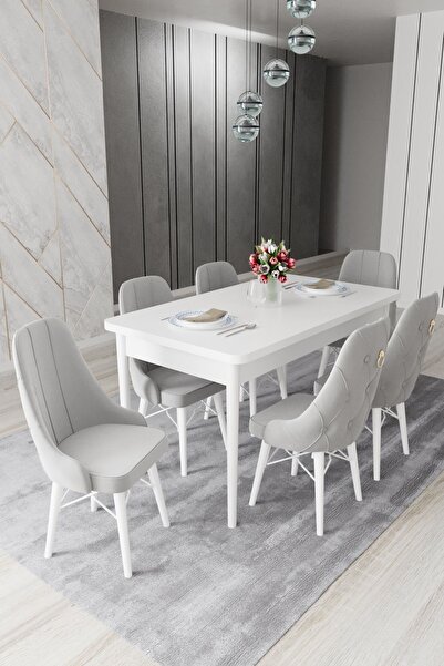 HAMAN 6 Adet Babyface Kumaş Beyaz Ahşap Gürgen Ayaklı Sandalye ve 80x130 Açıl...