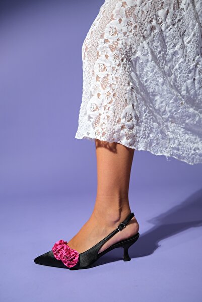 LuviShoes ALEXA Siyah Saten Fuşya Çiçekli Kadın Topuklu Ayakkabı