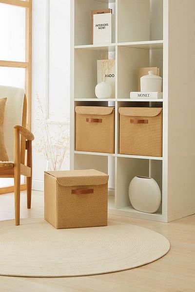 Ocean Home Textile 3 Pieces Jute Lidded In-Cabinet Laundry Toy Organizer Folding Storage Box Organizer 30x30x30