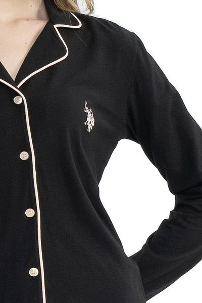 U.S. Polo Assn. Țesătură din bumbac și modal - Set de pijamale de sezon cu mânecă lungă pentru femei, cu guler cămașă, negru