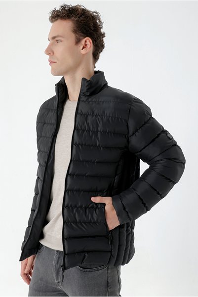 Morven Men's Black Extra Slim Ft Narrow Cut Zippered Quilted Puffer Coat