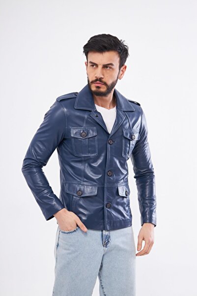 DERİNSS DER265 Hakiki Deri Erkek Mavi Mont