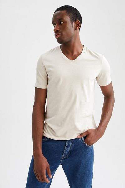 DeFacto Slim Fit bavlněné tričko s výstřihem do V – krátký rukáv M7668az22sp