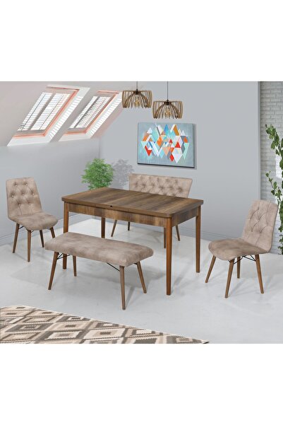 HAMAN Bank Takımı Nubuk Kumaş Ahşap Gürgen Ayaklı Puf,Bench ve 80x130 Açılabi...