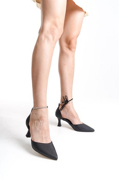 Modabuymus Black MiniGlossy Short Heeled Stiletto - Silver Jewelled Laced Evening Dress Shoes