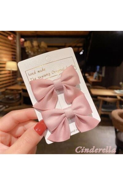 Cinderella 2'li Çocuk Saten Fiyonk Toka Seti Pembe - Kurdele Fiyonklu Klips P...