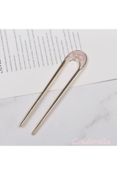 Cinderella Oval Pembe Beyaz Detaylı Metal Topuz Tokası - Modern Çubuk Saç Top...