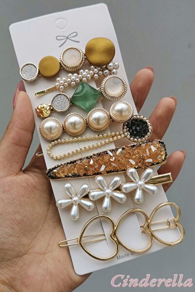 Cinderella Ειδικό σετ 8 γυναικείων καρφιτσών με μαργαριταρένια πέτρα με εσωτερική καρδιά - Κλιπ μαλλιών με κλιπ στο πλάι της νέας σεζόν