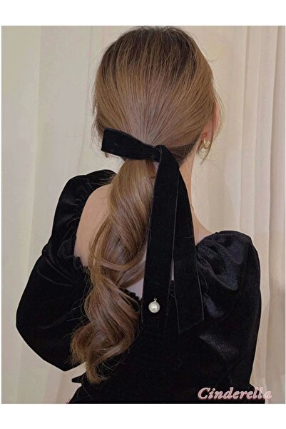 Cinderella Fransız Tarzı Uzun Kurdele İnci Dekor Siyah Kadife Fiyonk Otomatik...