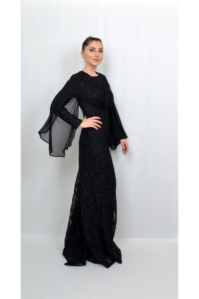 ALİS DRESS Kadın Uzun Şifon Kollu Siyah Rengi Dantel Abiye