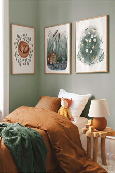 no77decor 3 Parça Suluboya Tarzında Ahşap Çerçeve Görünümlü Tablo Seti