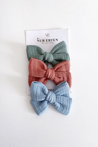 By Nur Erten 100% Cotton Muslin Fabric Girl's Bow Hair Clip with Clips Set of 3