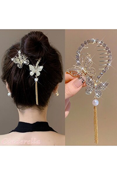 Cinderella دبوس شعر نسائي بنمط الفراشة المعدنية الذهبية - مشبك كريستالي متدلي بتصميم جديد