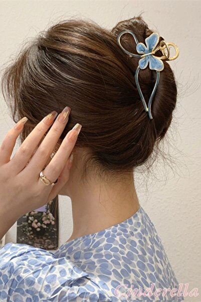 Cinderella Kadın Mavi Gold Kelebek Detaylı Zarif Metal Mandal Toka - Lüks Man...