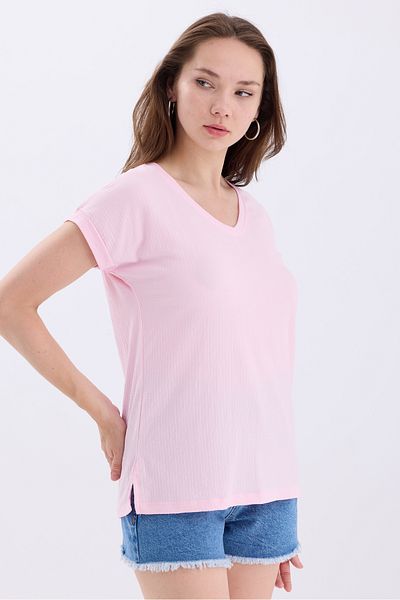 MD trend Tricou casual de bază cu decolteu în V cu mânecă liliac