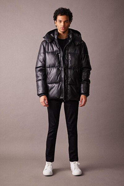 DeFacto Faux Leather Hooded Slim Fit Puffer Jacket - A3263ax23wn