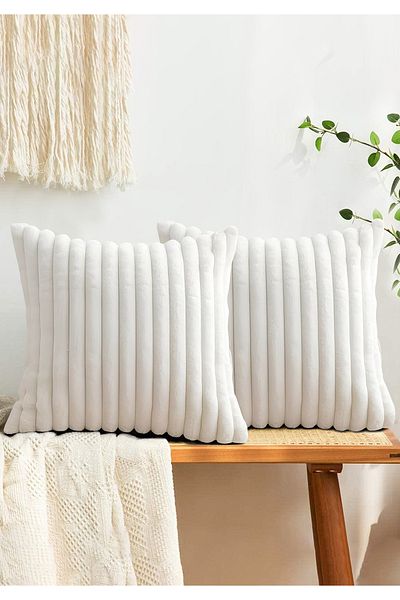 HOMİNG Ecru Homing Soft Plush Fabric - 2-Piece Throw Pillow Cover 241548